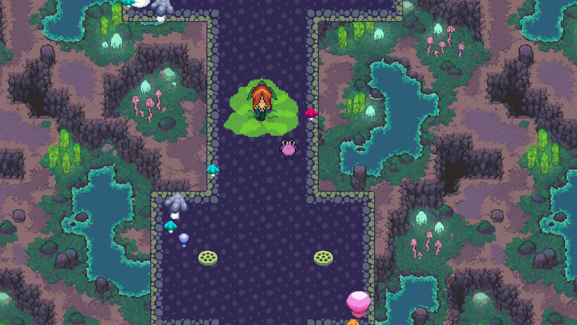 Purple frog being hurt by a flower